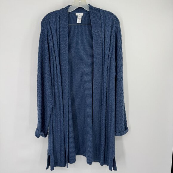 J.Jill Womens Blue Open Cable Knit Cardigan sweater size large cotton blend - Picture 2 of 12